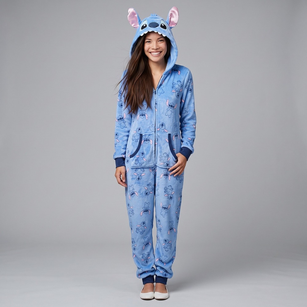 Disney Lilo & Stitch Blue Fleece Hooded Union Suit Pajamas One Piece Large
